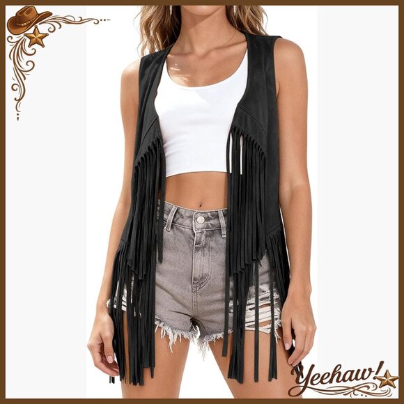 Jackets & Blazers - Small Western Fringe Vest Suede Tassel Top Loose Fit Polyester